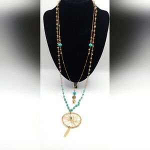 Gold Tone And Faux Turquoise Double Strand Dreamcatcher Adjustable Necklace 17.5